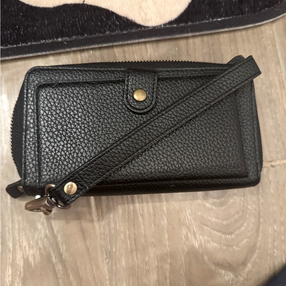 Black Leather zip around wristlet Wallet with plenty of space